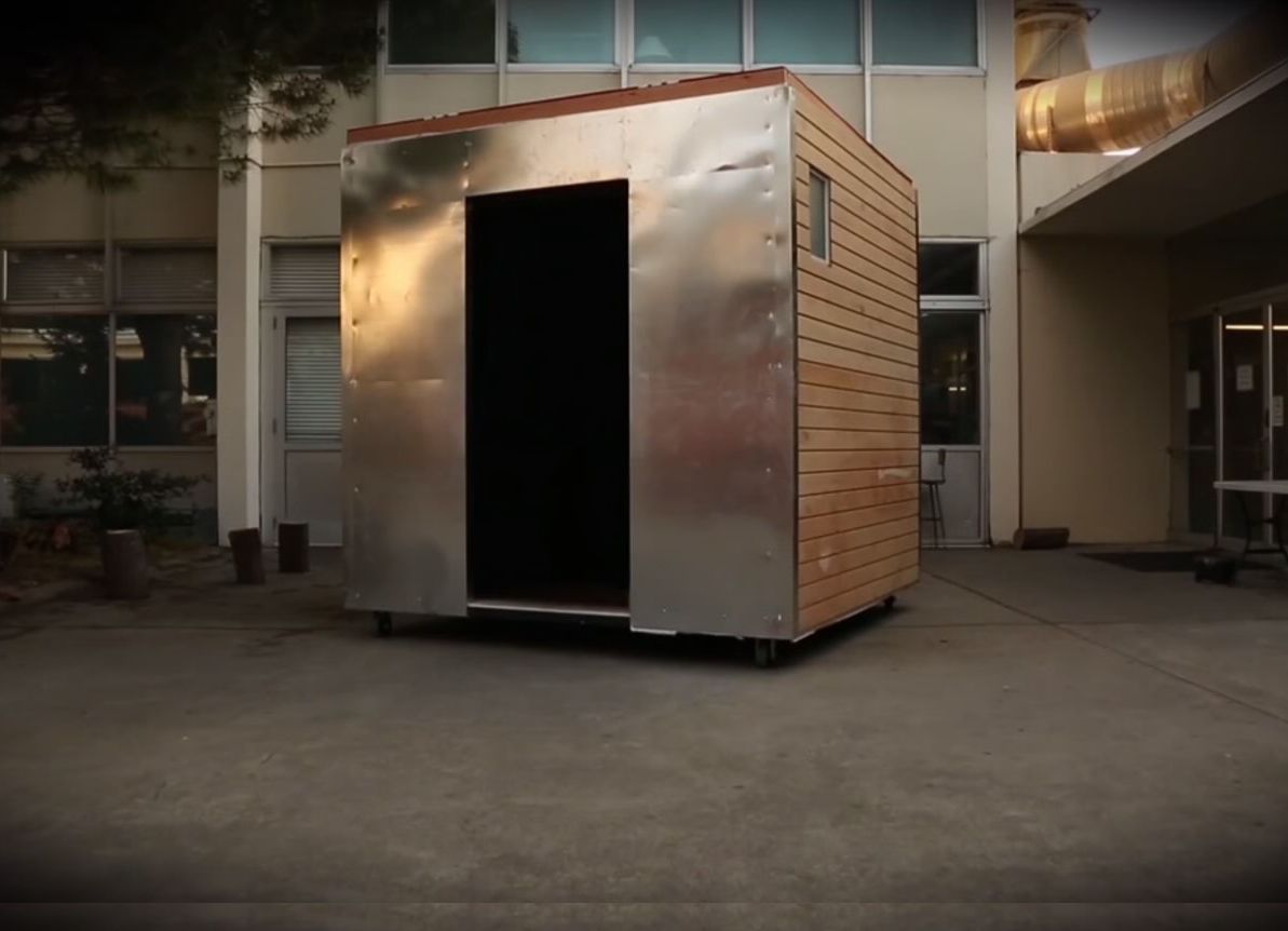 Exterior view of the Live Cube in the CSUEB sculpture yard (Click to enlarge)